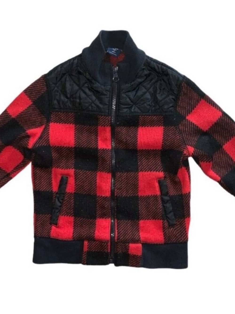 GAP Kids Red and Black Buffalo Plaid Puffer-Trim Jacket